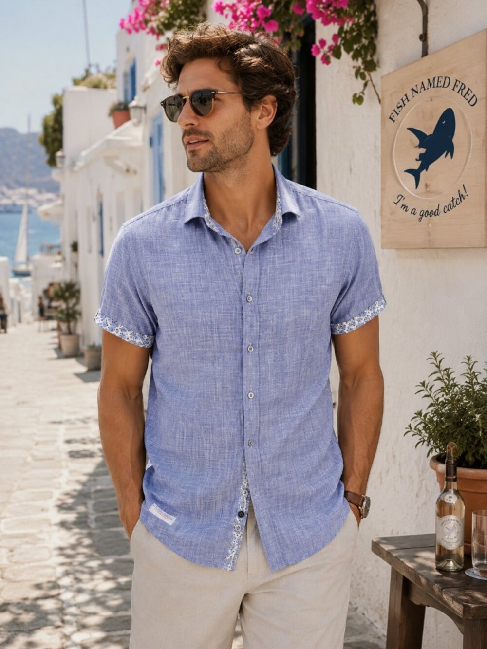 A FISH NAMED FRED Blue Button Down Shirt Cotton Euro Summer Coastal Beachy M